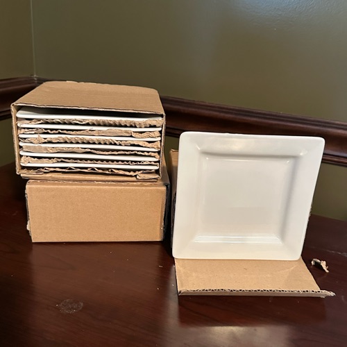 World Table 6 1/4" Ultra Bright White Wide Rim Square Porcelain Plate - Brand New - Image 1