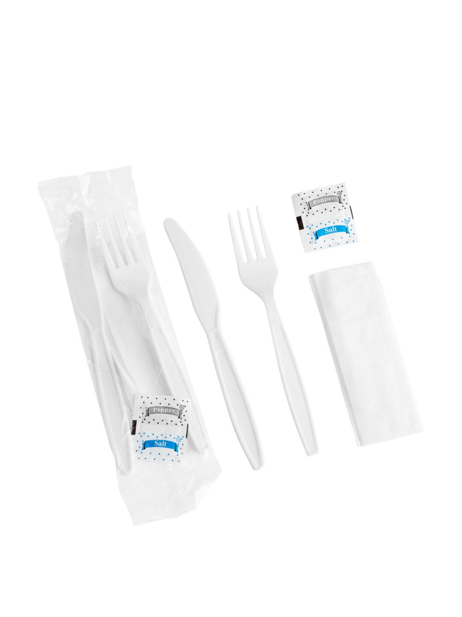 White Wrapped Plastic Fork and Knife Cutlery Pack - 250/Case - Image 1