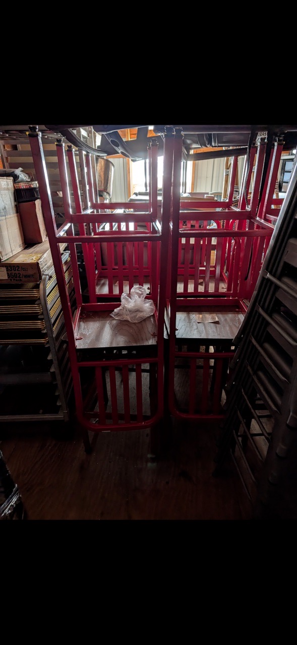 Red Metal Commercial Restaurant Chairs – Slat Back w/ Wood Seat - Image 1