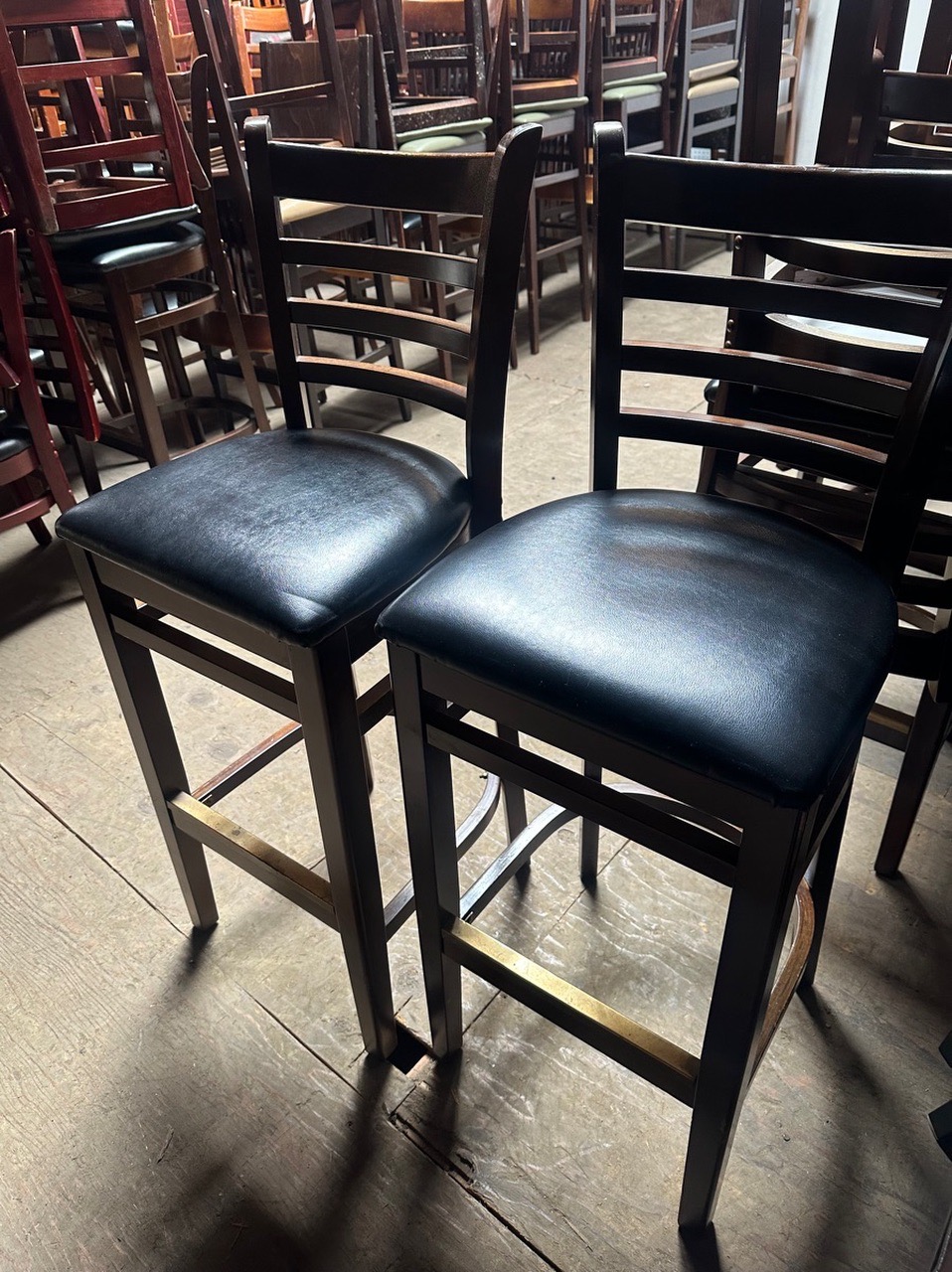 16- dark wood ladder back barstools with cushions - Image 1