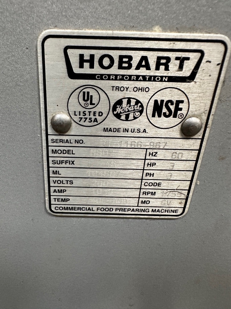 Hobart M-802 dough mixer with guard and attachments. - Image 3