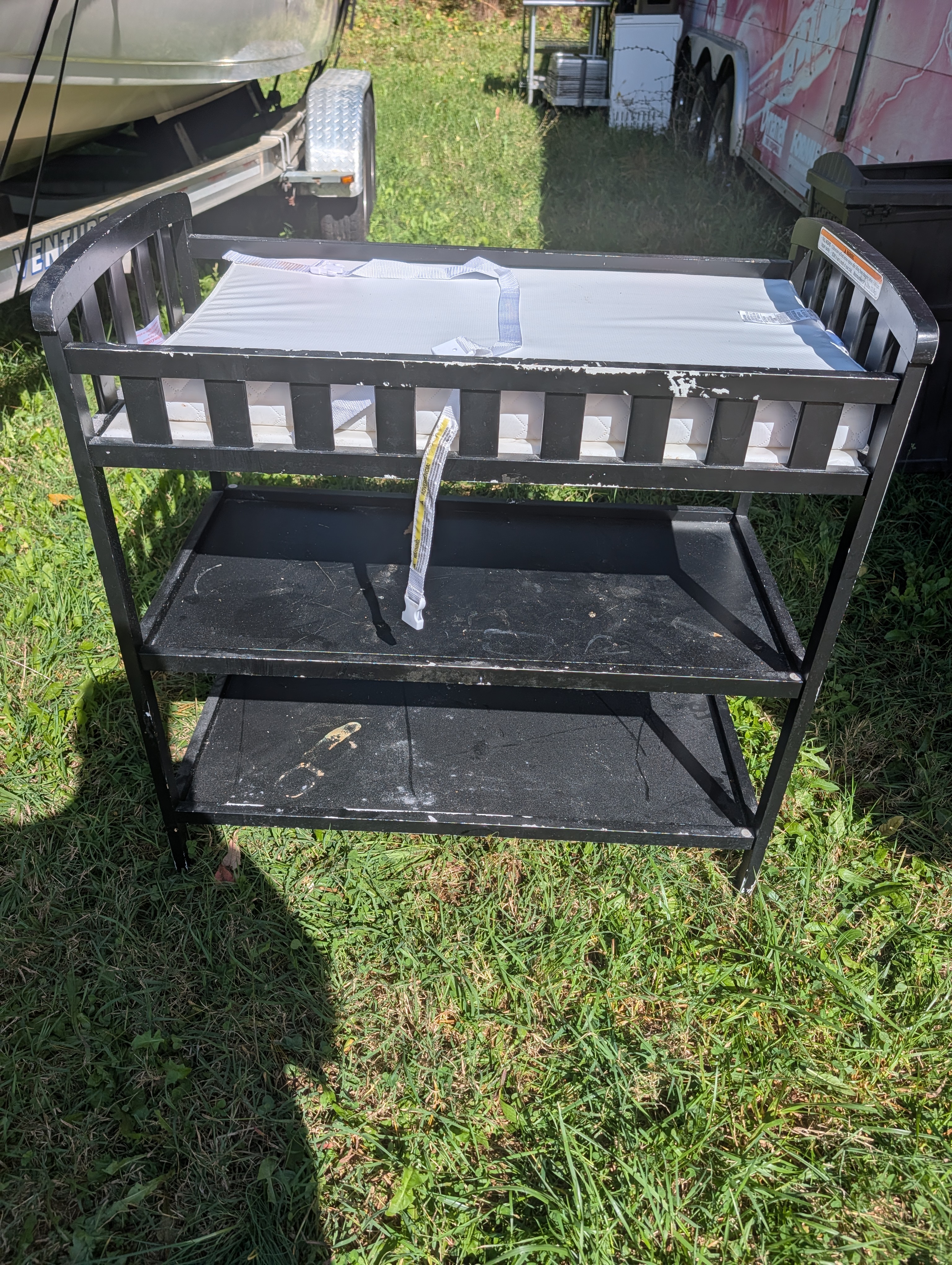 Baby Changing Table, Black Wood, 2 Shelves w/ Pad - Image 1