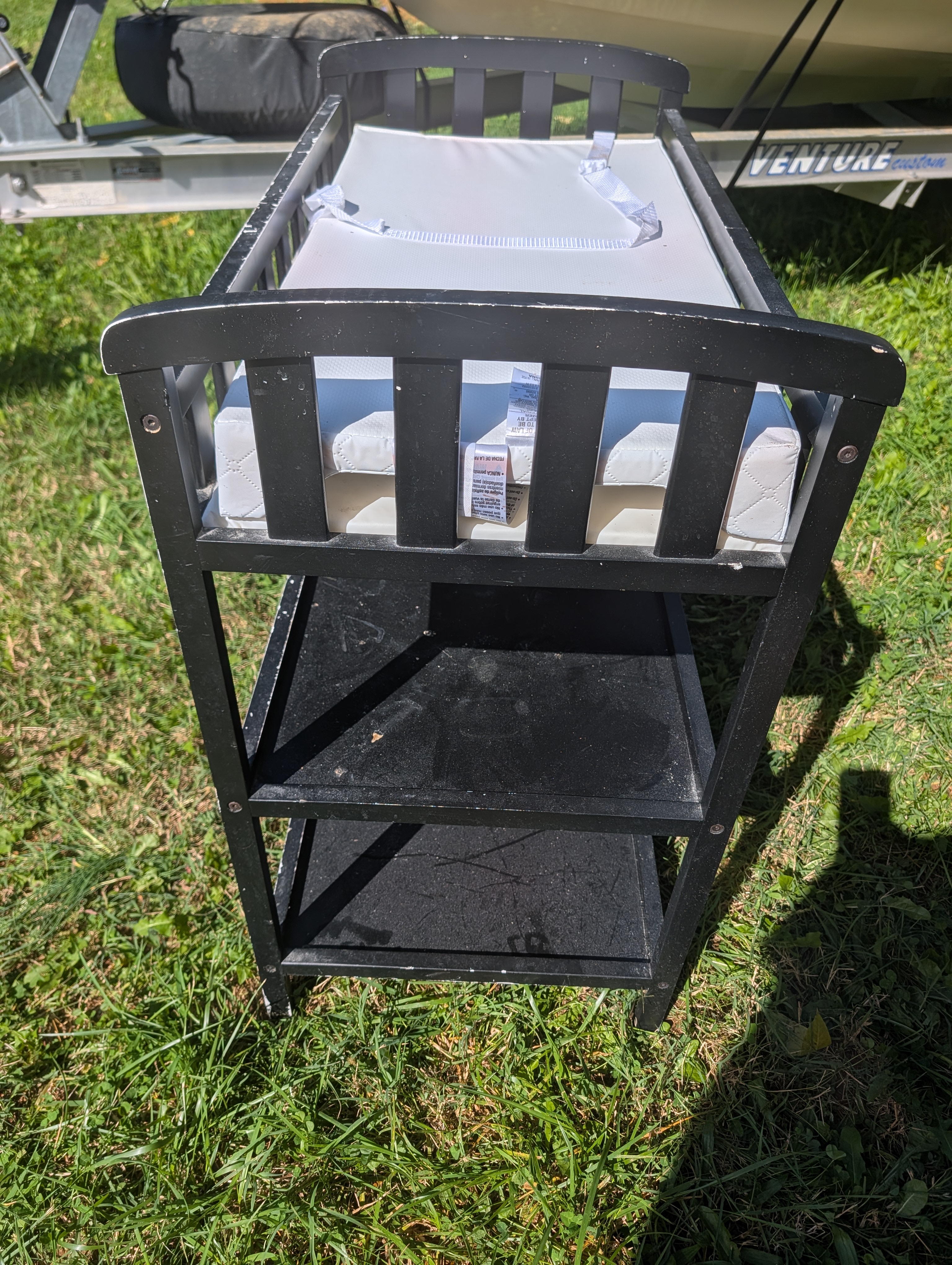 Baby Changing Table, Black Wood, 2 Shelves w/ Pad - Image 2